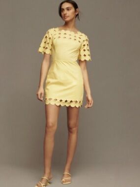 NWT Anthropologie Cutwork Shift Mini Dress Yellow Eyelet Size 2 Spring